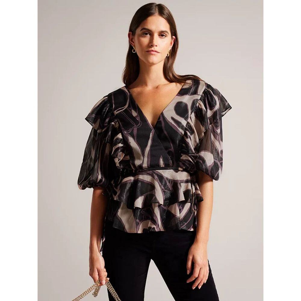 Ted Baker Jasmyna Ruffle Blouse Tie Waist Metallic Preppy Work Layering S